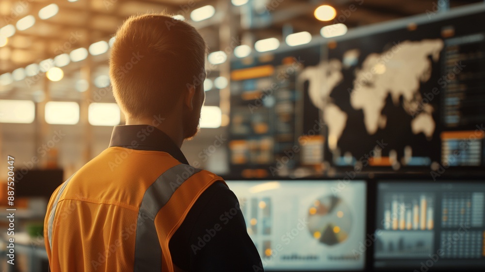 silhouette of a manager coordinating shipment distribution, interactive network displays, warm ambient light, high angle, efficient supply chain hub silhouette of a manager coordinating shipment distribution, interactive network displays, warm ambient light, high angle, efficient supply chain hub