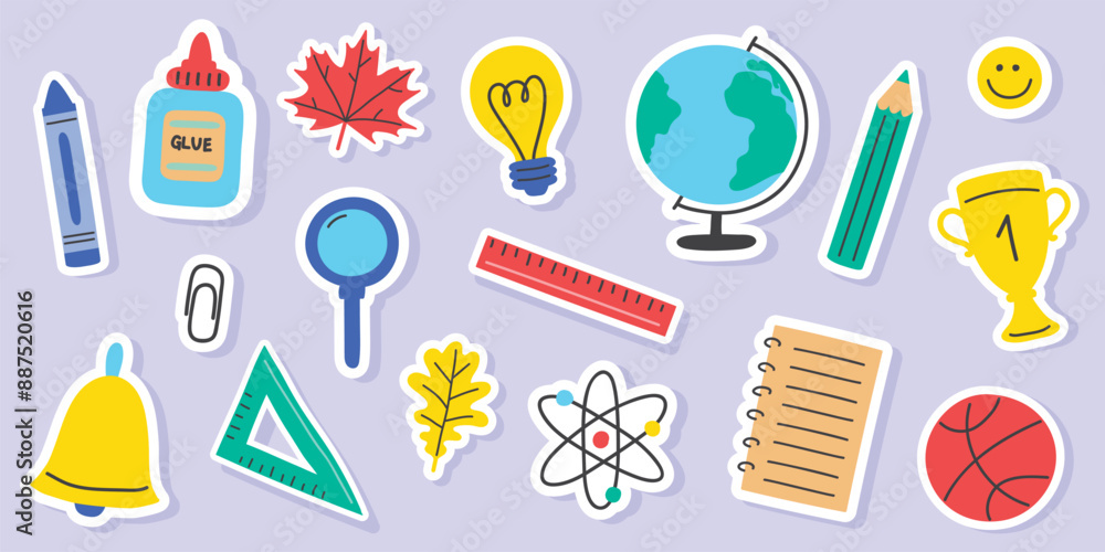 Back to School set with cartoon stickers. Supply icons. Vector illustration Back to School set with cartoon stickers. Supply icons. Vector illustration