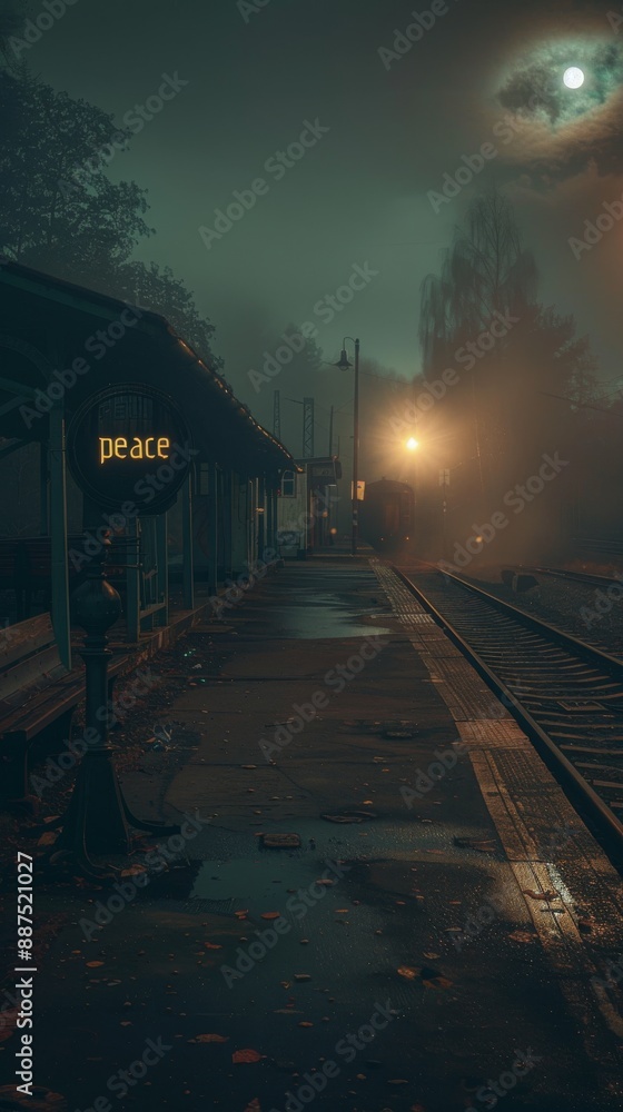 photo of the old railway station is shrouded in fog, moon, with an abandoned sign with dusty letters photo of the old railway station is shrouded in fog, moon, with an abandoned sign with dusty letters