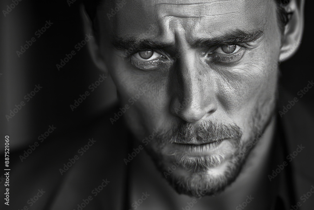 A man's cold facial expression on a black background A man's cold facial expression on a black background