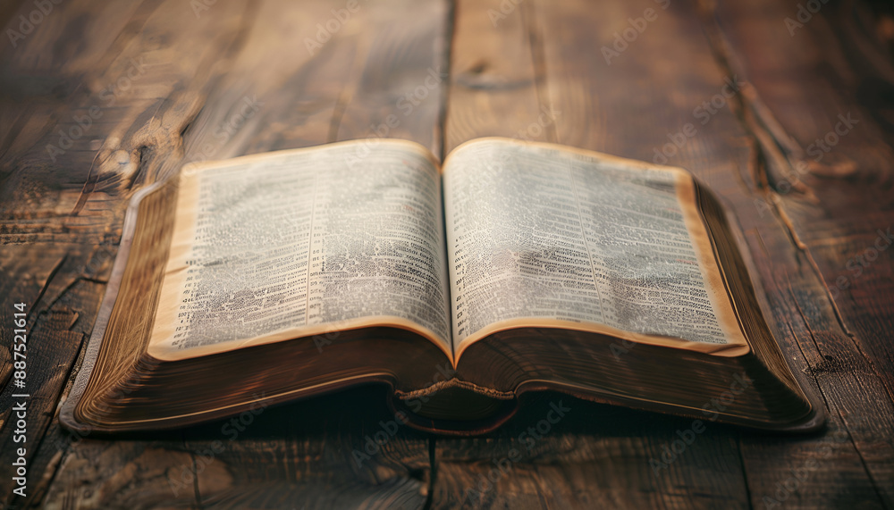 Obraz premium Open Bible on wooden table, closeup. Christian religious book