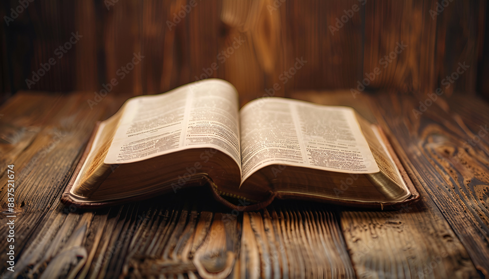 Obraz premium Open Bible on wooden table, closeup. Christian religious book