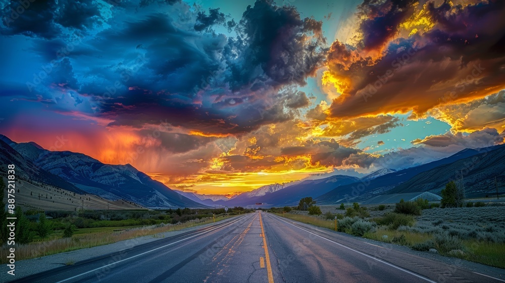 Sunset over a mountain highway, with clouds in the sky. Sunset over a mountain highway, with clouds in the sky.