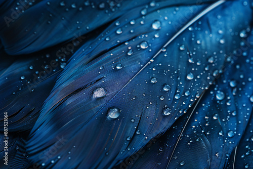 Abstract background with a blue feather texture, in a macro shot. An elegant dark wallpaper for design and presentation. A close up of a bird feather on a navy color. Shiny, glossy. photo