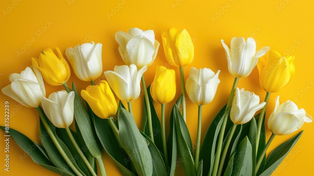 Flat lay of a cheerful yellow and white tulip bouquet on a bright yellow background, ideal for spring-themed visuals Flat lay of a cheerful yellow and white tulip bouquet on a bright yellow background, ideal for spring-themed visuals