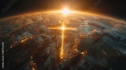 Shiny glowing golden Christian religion faith cross symbol sign above the planet earth globe. Jesus Christ gospel and crucifixion evangelism, international missionary organization,worldwide fellowship