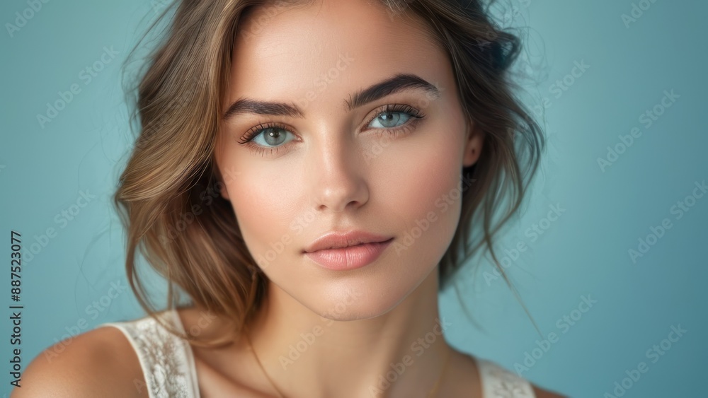 Obraz premium Close up portrait of a beautiful woman with clear skin and blue eyes, looking confident and serene against a blue background.