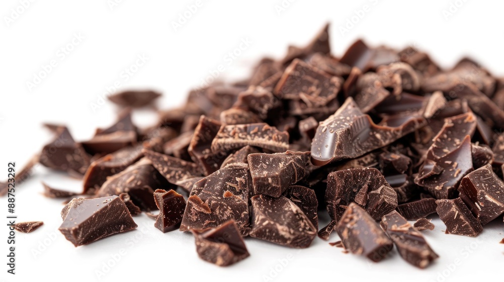A close-up shot of a pile of chocolate pieces on a white surface, perfect for use in food or confectionery advertising A close-up shot of a pile of chocolate pieces on a white surface, perfect for use in food or confectionery advertising
