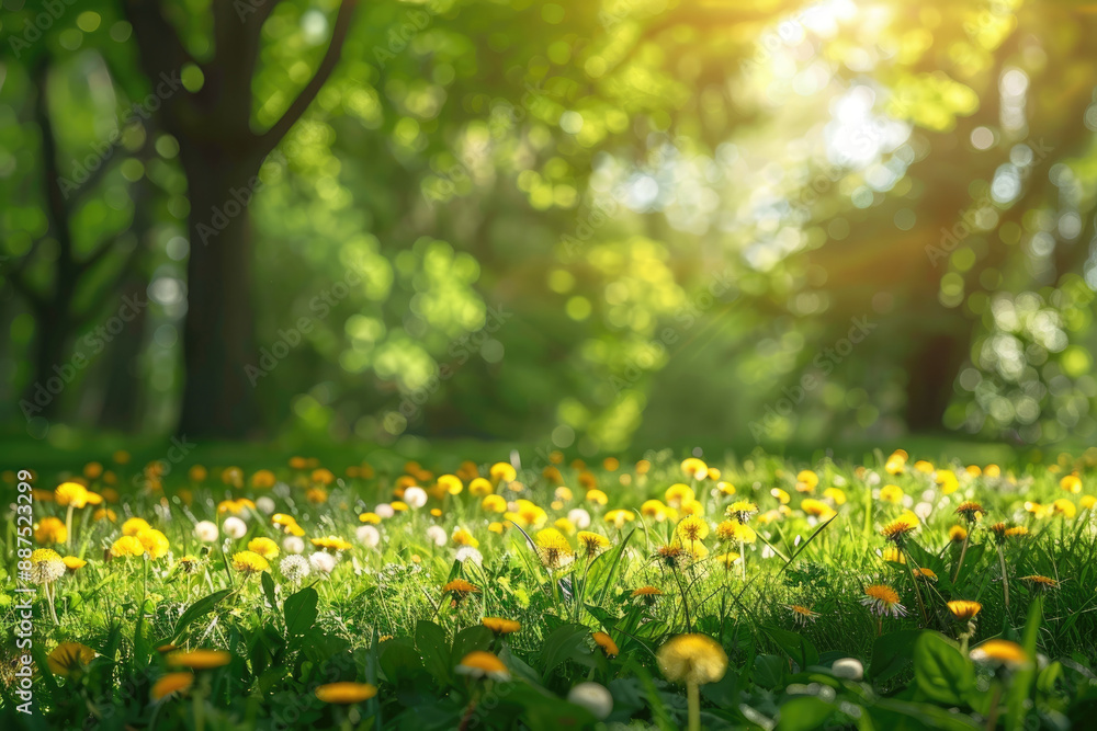 A meadow full of small flowers and a tree A meadow full of small flowers and a tree