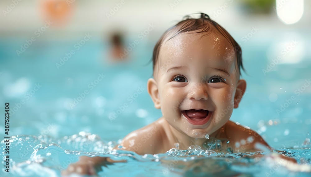 Baby wearing cute swimwear, smiling in the pool, stylish and fun, baby swimming Baby wearing cute swimwear, smiling in the pool, stylish and fun, baby swimming