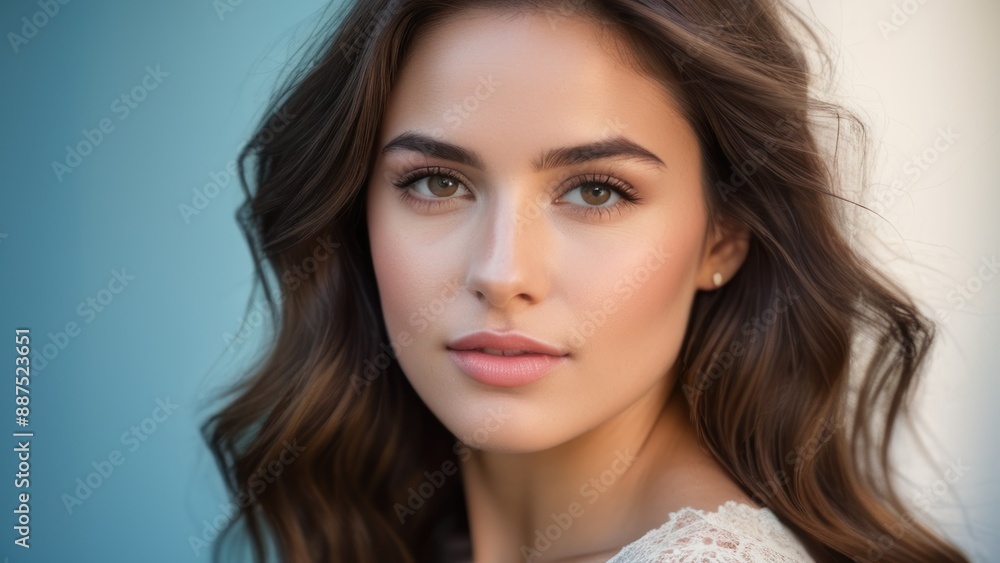 Close up portrait of a beautiful woman with clear skin and blue eyes, looking confident and serene against a blue background. Close up portrait of a beautiful woman with clear skin and blue eyes, looking confident and serene against a blue background.