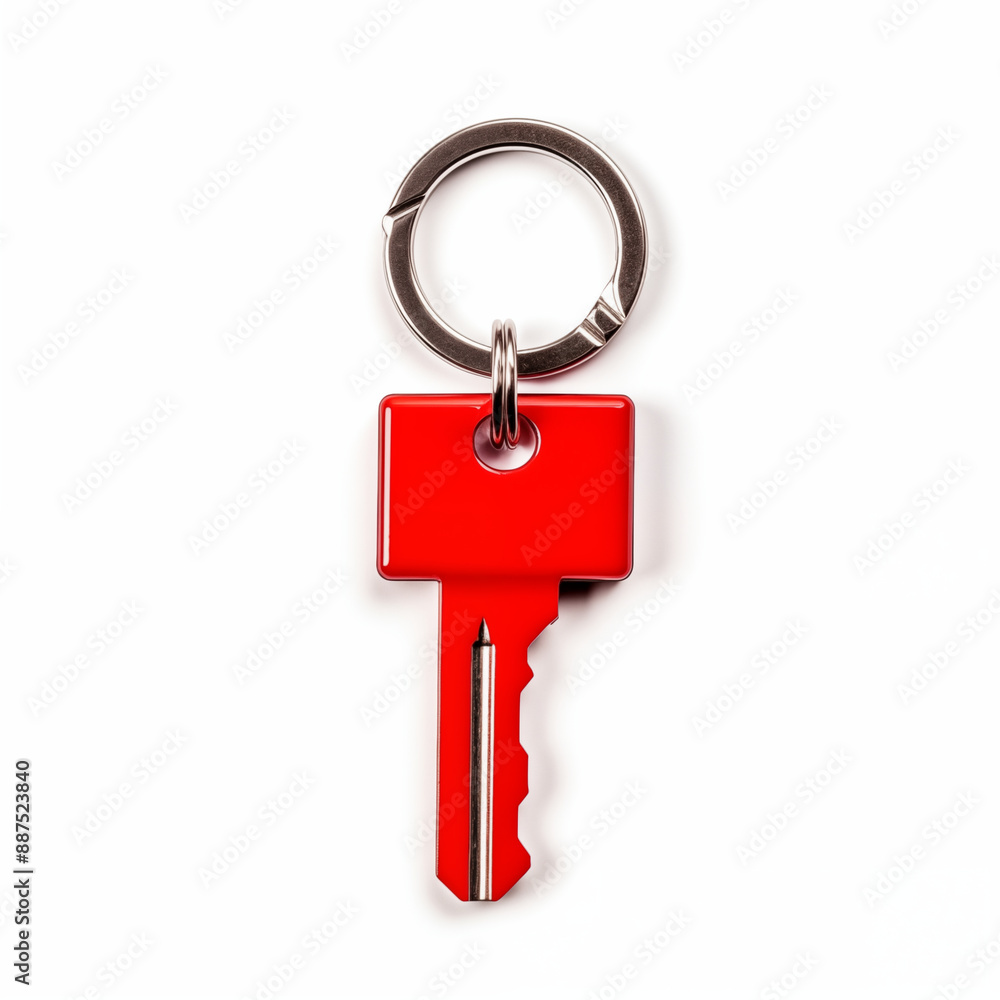 Red Key With Silver Keyring On White Background, Shiny And Modern Design Red Key With Silver Keyring On White Background, Shiny And Modern Design