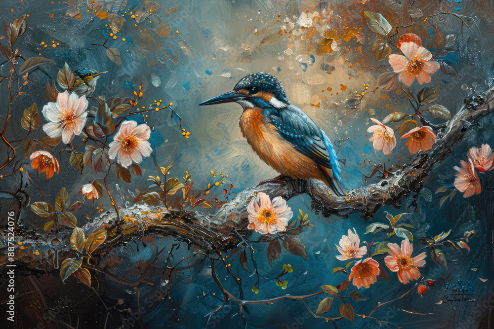 The blue emerald bird is on the flower branch The blue emerald bird is on the flower branch