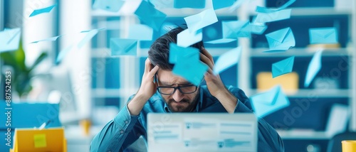 Employee overwhelmed with emails and notifications, cluttered screen, digital overload, work problem