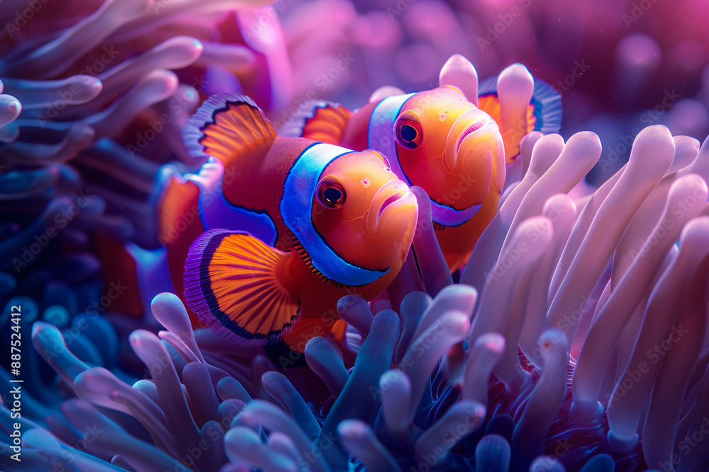 A pair of clown fish in an anemone, highly detailed, sharp focus, beautiful, professional color grading A pair of clown fish in an anemone, highly detailed, sharp focus, beautiful, professional color grading