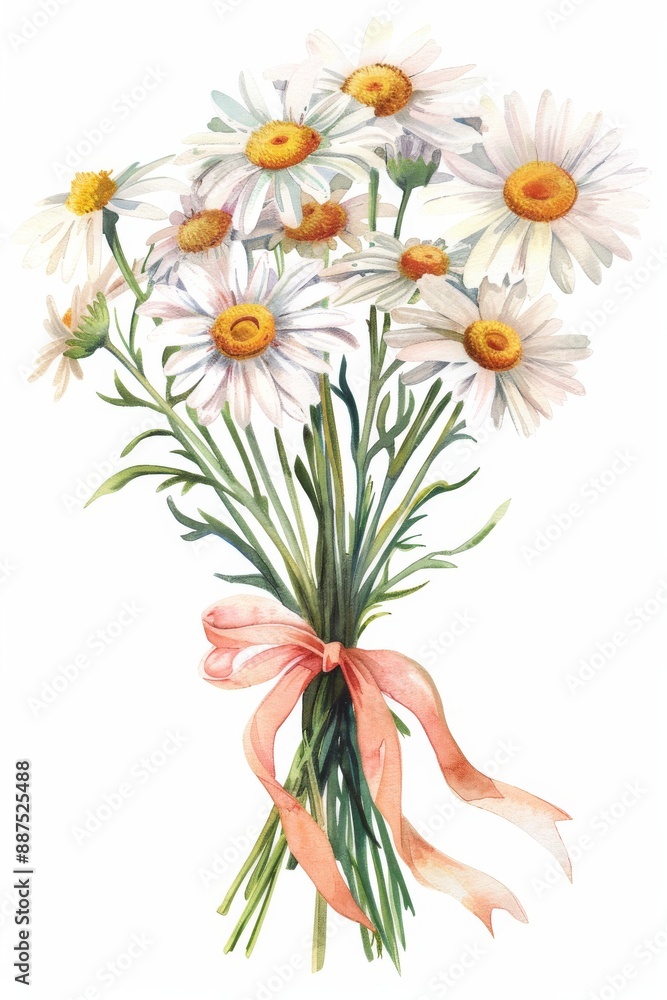 clip art, watercolour, bouquet of daisy tied with a pink ribbon clip art, watercolour, bouquet of daisy tied with a pink ribbon