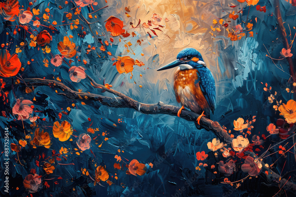 The blue emerald bird is on the flower branch The blue emerald bird is on the flower branch