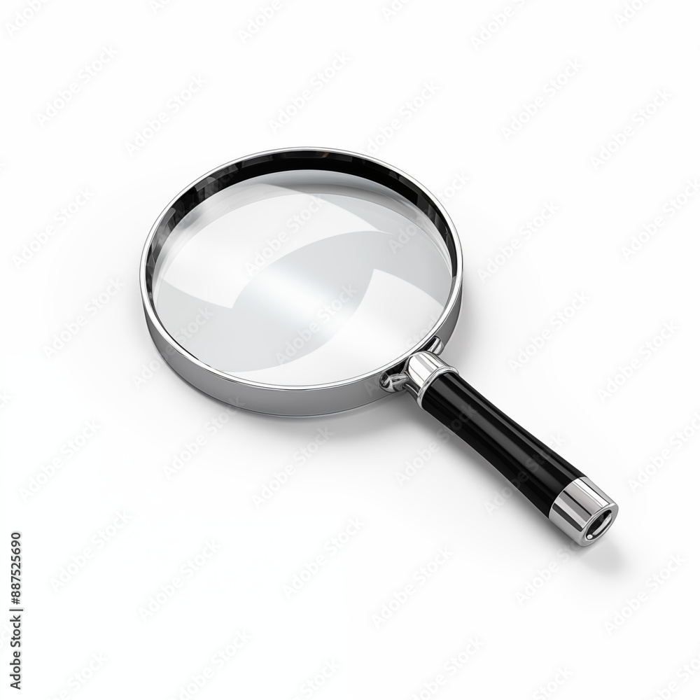 Closeup Of A Magnifying Glass With Black Handle Isolated On White Background Showing Clear Lens Detail Closeup Of A Magnifying Glass With Black Handle Isolated On White Background Showing Clear Lens Detail