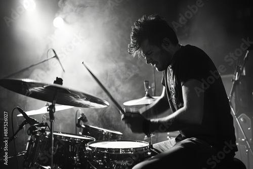 a man playing drums in a dark room