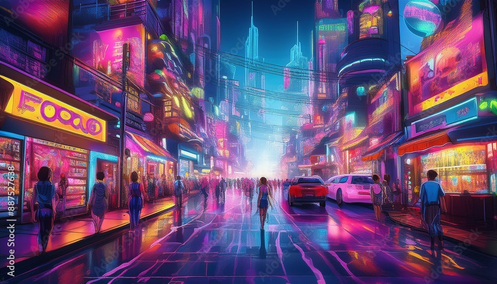 a futuristic digital background showcasing a vibrant cyberpunk street scene with colorful neon signs, futuristic storefronts, and bustling crowds a futuristic digital background showcasing a vibrant cyberpunk street scene with colorful neon signs, futuristic storefronts, and bustling crowds