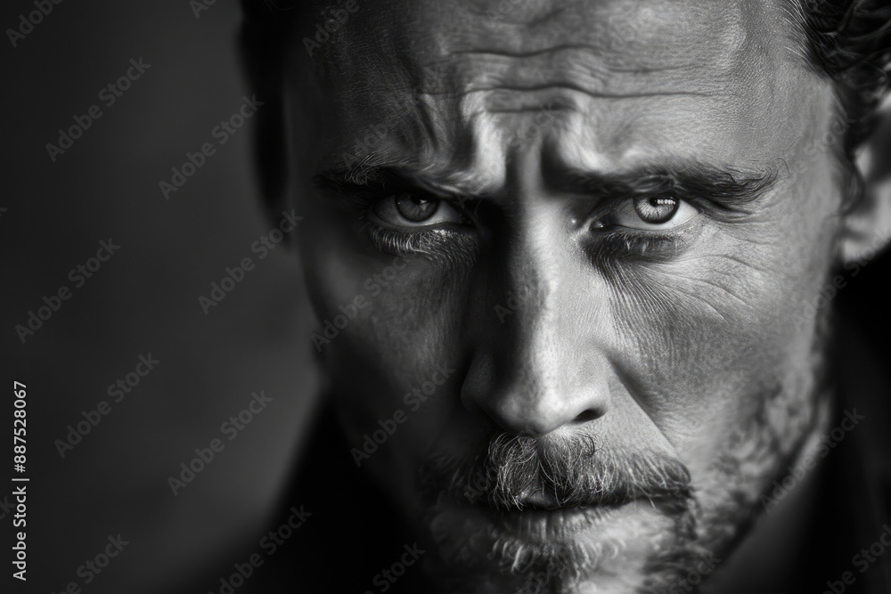 A man's cold facial expression on a black background A man's cold facial expression on a black background