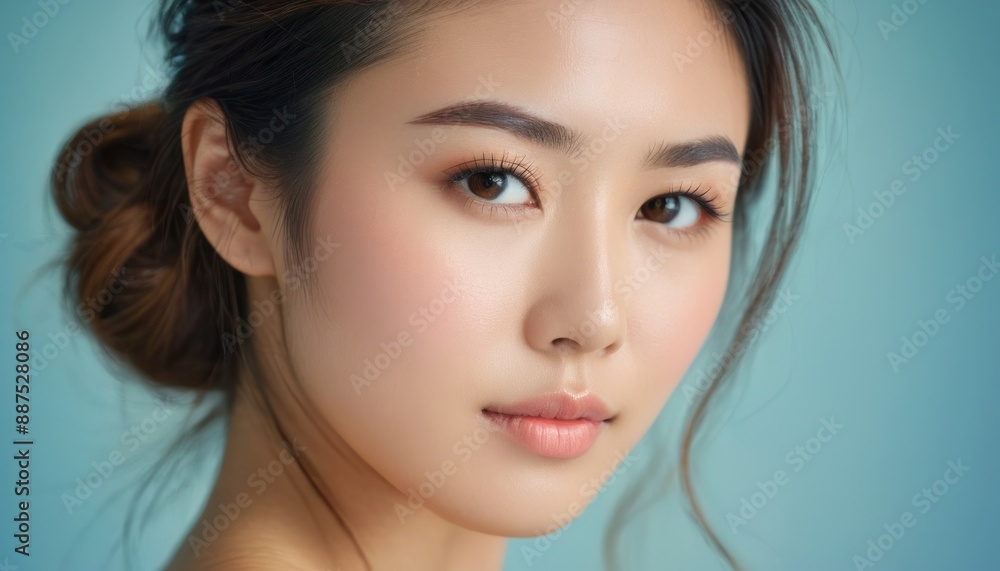 Fototapeta premium Close up portrait of a serene woman against a minimalist background. Perfect for beauty, skincare, and fashion concepts.
