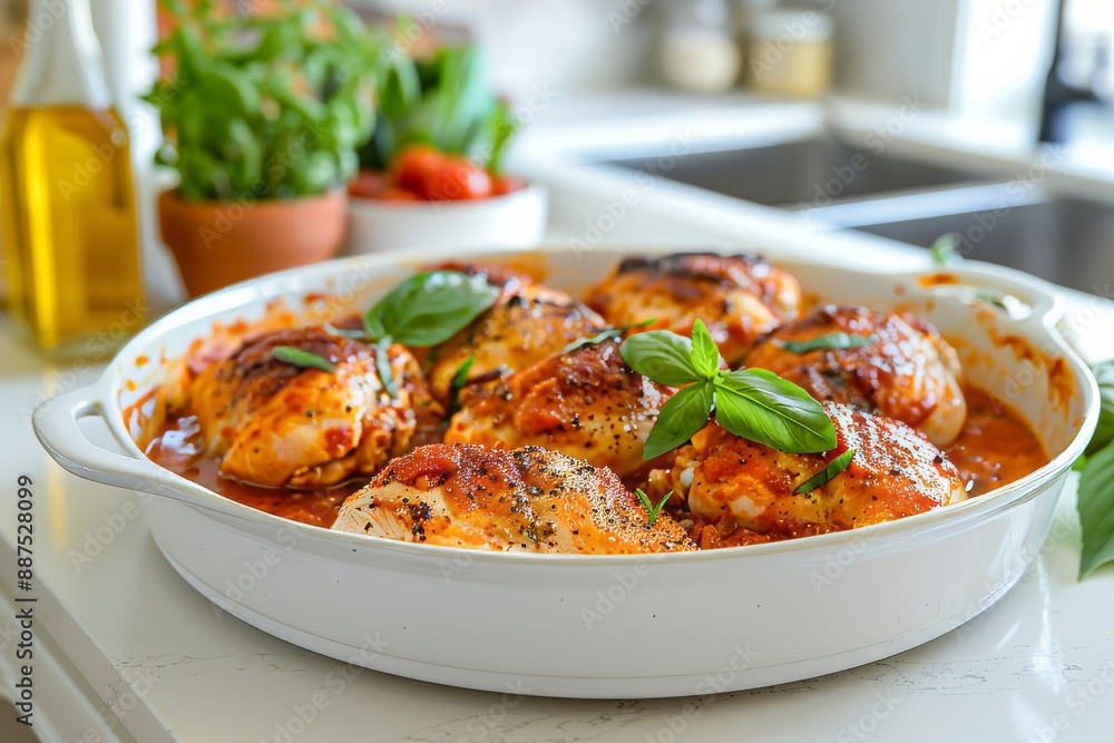 Take a picture of the ' Chicken Sorrentino Recipe ' on a clean white table in a kitchen Take a picture of the ' Chicken Sorrentino Recipe ' on a clean white table in a kitchen