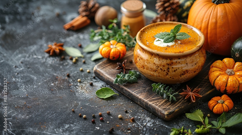 Fototapeta premium Pumpkin Soup with Spices and Herbs