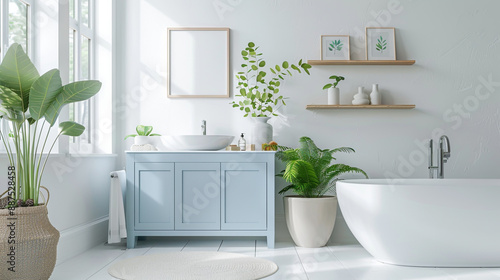 A contemporary bathroom featuring light blue cabinets, white walls, and floor tiles, evoking a serene ambiance.