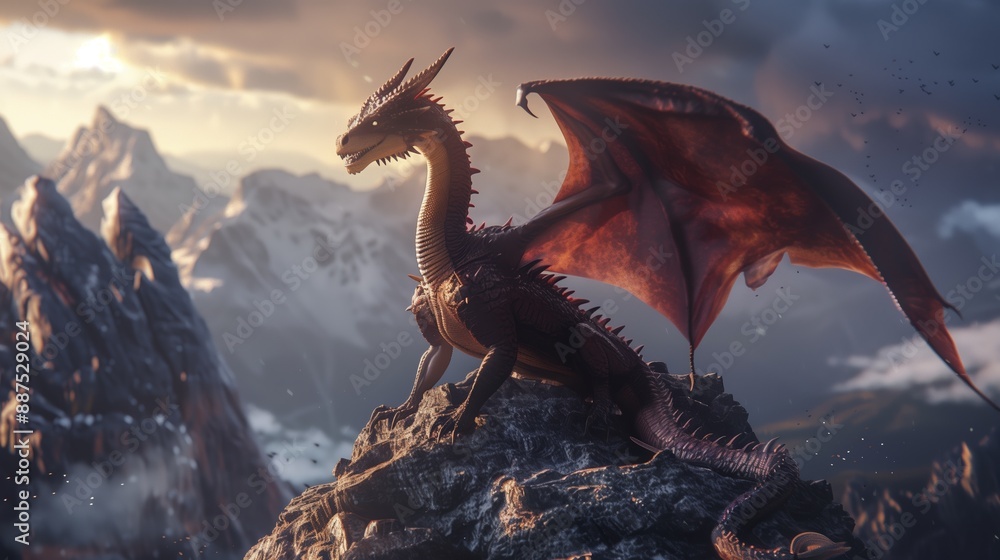 A stunning scene of a majestic dragon perched on a rocky mountain peak, basking in the twilight glow. The dragon's powerful presence is highlighted by the dramatic lighting, with rugged mountains A stunning scene of a majestic dragon perched on a rocky mountain peak, basking in the twilight glow. The dragon's powerful presence is highlighted by the dramatic lighting, with rugged mountains