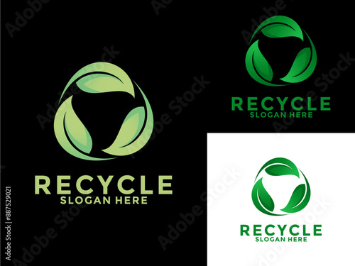 recycle with green leaf, recycling ecology logo, eco and save planet logo vector template