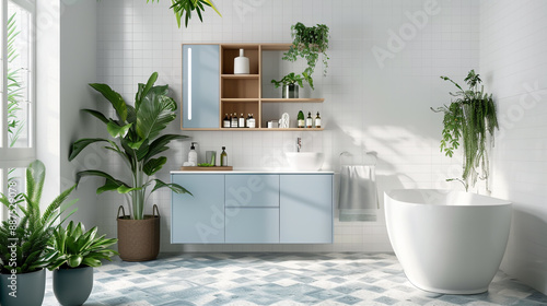 A contemporary bathroom featuring light blue cabinetry, white walls, and tiled flooring