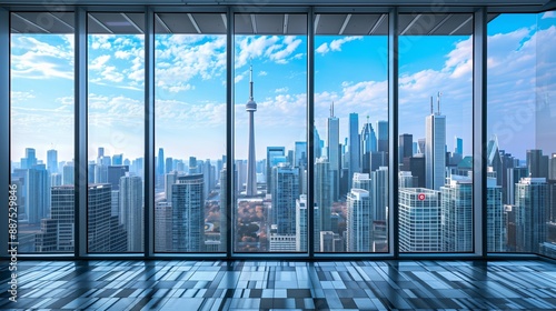 A stunning view of the Toronto skyline, featuring the iconic CN Tower, seen through expansive floor-to-ceiling windows. The scene showcases modern skyscrapers and a bright blue sky