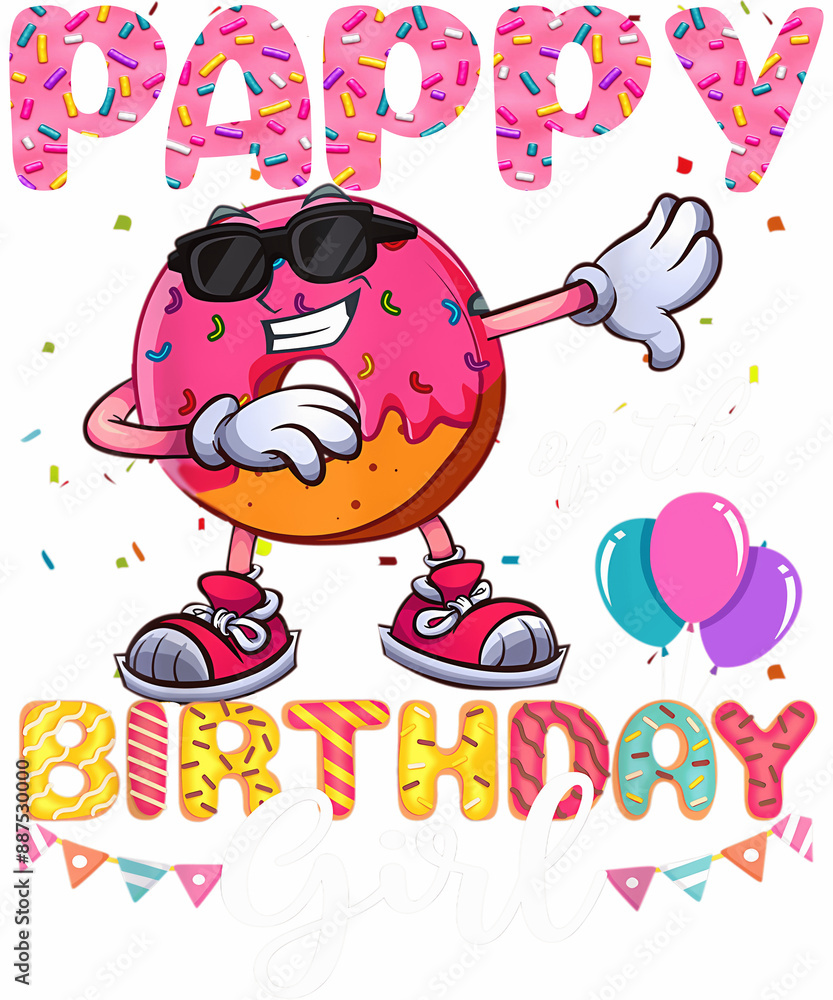 Naklejka premium A donut wearing sunglasses and a birthday hat, dabbing with the text