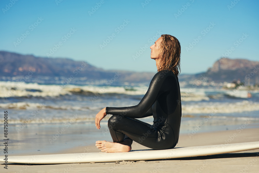 Beach, man and meditate on surfboard for summer vacation, travel adventure and aura healing. Surfer guy, peace and wellness by ocean with surfing gear, mindfulness exercise and holiday in Los Angeles Beach, man and meditate on surfboard for summer vacation, travel adventure and aura healing. Surfer guy, peace and wellness by ocean with surfing gear, mindfulness exercise and holiday in Los Angeles