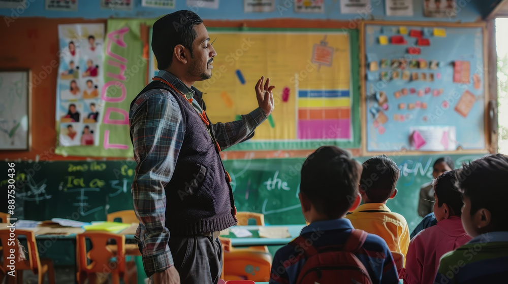 International Day of the Social Pedagogue. a male teacher teaches a lesson in a classroom for children International Day of the Social Pedagogue. a male teacher teaches a lesson in a classroom for children