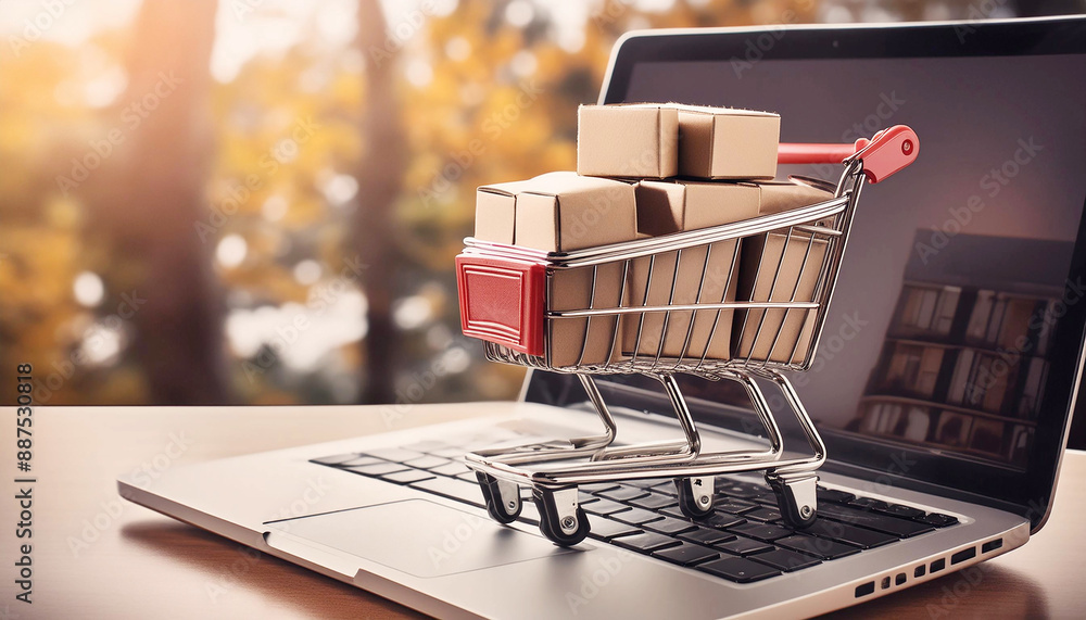 Business Shopping cart full of boxes on top of laptop computer, Concepts of selling and buying products online Business Shopping cart full of boxes on top of laptop computer, Concepts of selling and buying products online