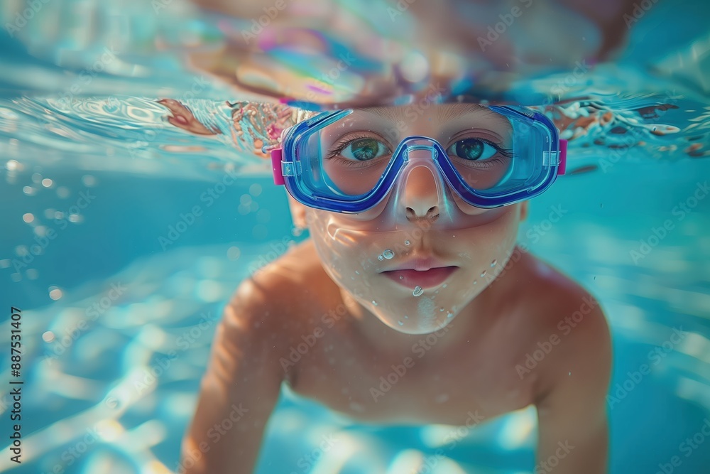 Fototapeta premium Happy cute boy swimming and dive underwater wearing swimming goggles, kids water sports activity