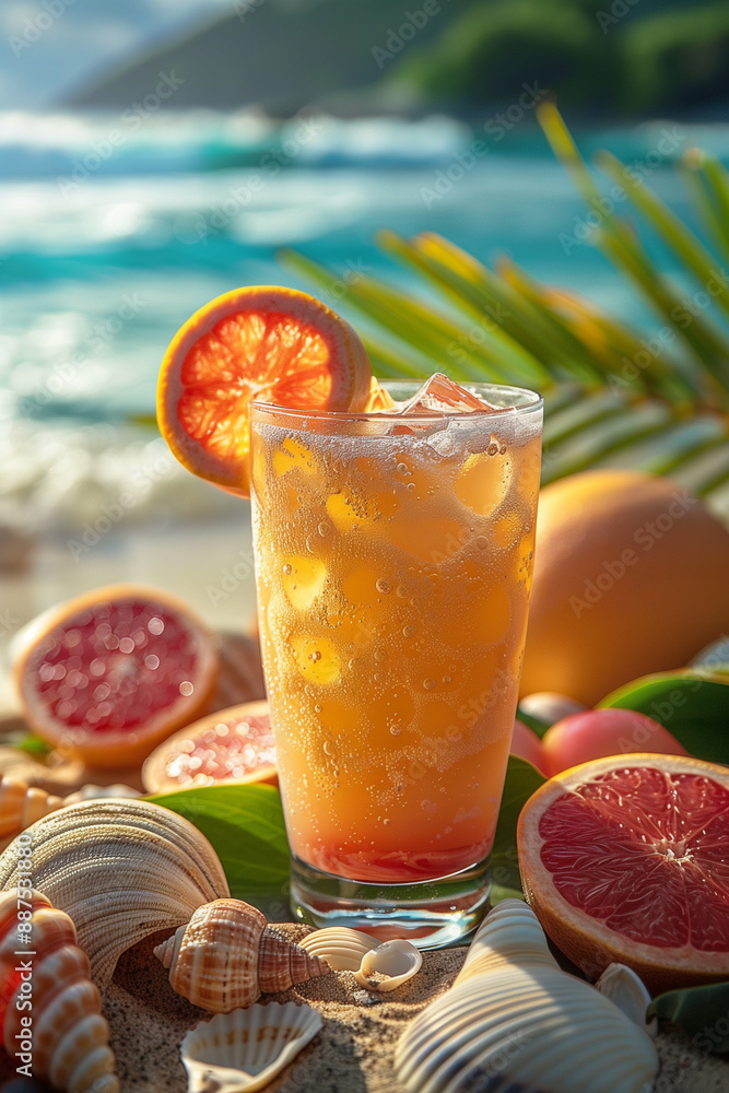 Refreshing drink with natural fruit juice and ice cubes in tall glass. Against the backdrop of the beach and sea waves. Refreshing drink with natural fruit juice and ice cubes in tall glass. Against the backdrop of the beach and sea waves.
