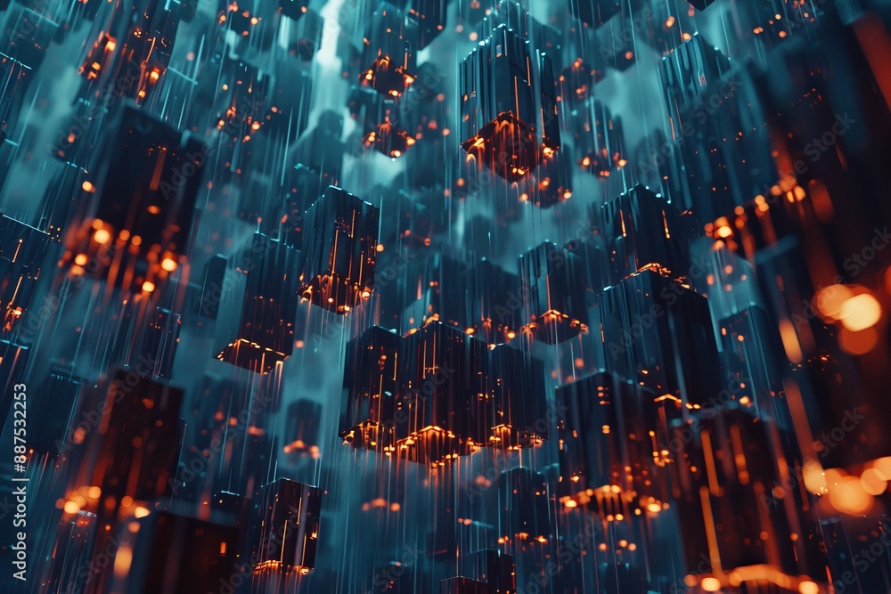 Fototapeta premium Abstract digital data stream with glowing particles emphasizing technology and information