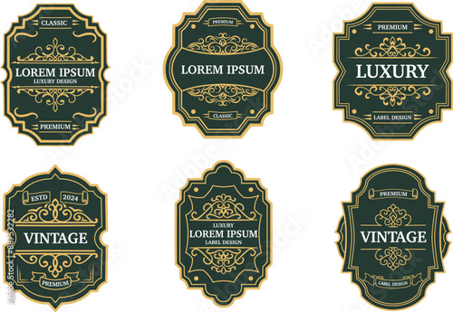 Set of sticker label shape retro badge, Vintage frames with gold lines and flourish ornament for logotype, tags, calligraphic, stamp
