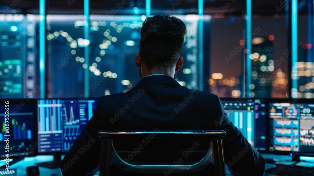 Back shot photo of data analyst, trader, programmer, financial advisor, help desk agent in front of a computer Back shot photo of data analyst, trader, programmer, financial advisor, help desk agent in front of a computer