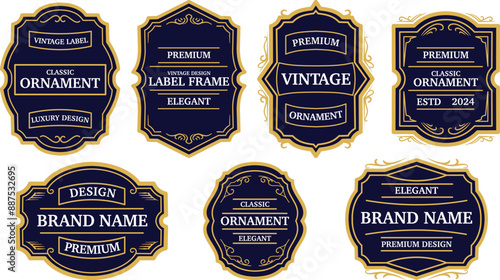 Set of vintage gold frame for labels design, logotype, calligraphy. Design emblem, premium quality. Vector stickers for packaging, drinks bottles and cans. Template place for text, advertising, banner