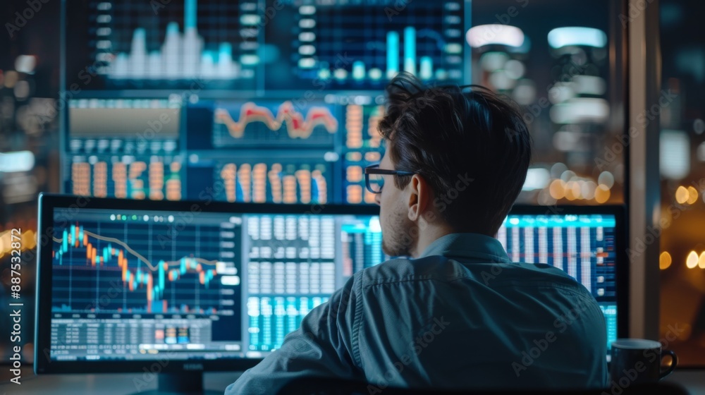 Back shot photo of data analyst, trader, programmer, financial advisor, help desk agent in front of a computer Back shot photo of data analyst, trader, programmer, financial advisor, help desk agent in front of a computer