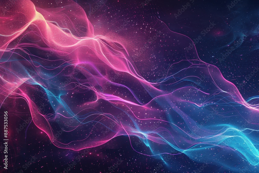 Abstract purple and blue glowing lines with glitter.