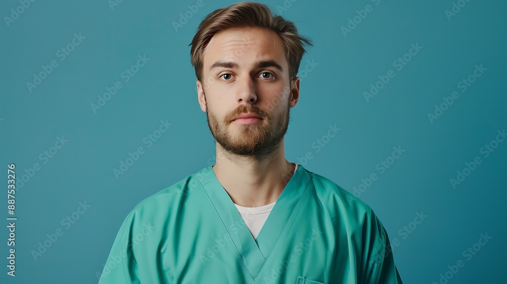 Confident Male Nurse in Green Medical Gown on Blue Background Confident Male Nurse in Green Medical Gown on Blue Background