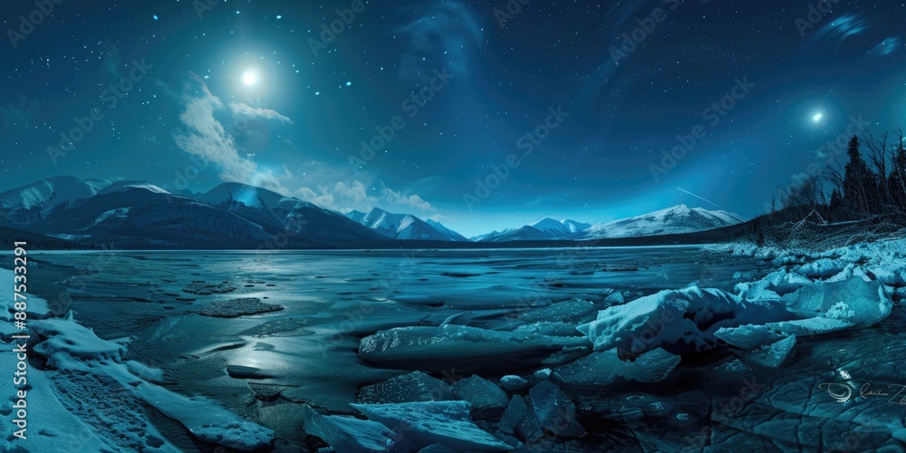 A serene scene of a full moon shining down on a frozen lake A serene scene of a full moon shining down on a frozen lake