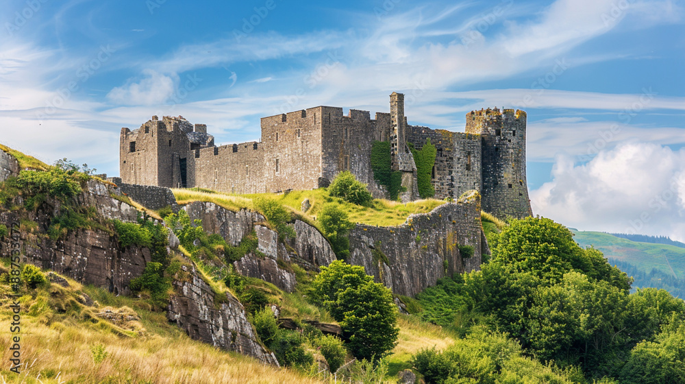 A historic castle on a hill with scenic surroundings A historic castle on a hill with scenic surroundings