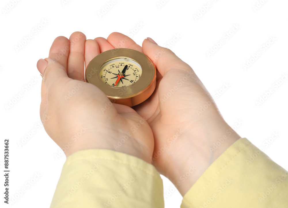 Woman holding compass on white background, closeup Woman holding compass on white background, closeup