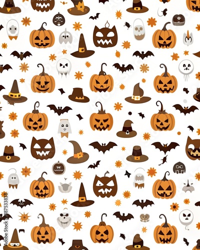 Seamless halloween pattern with scull bat ghost pumpkin bone candies white and black. 